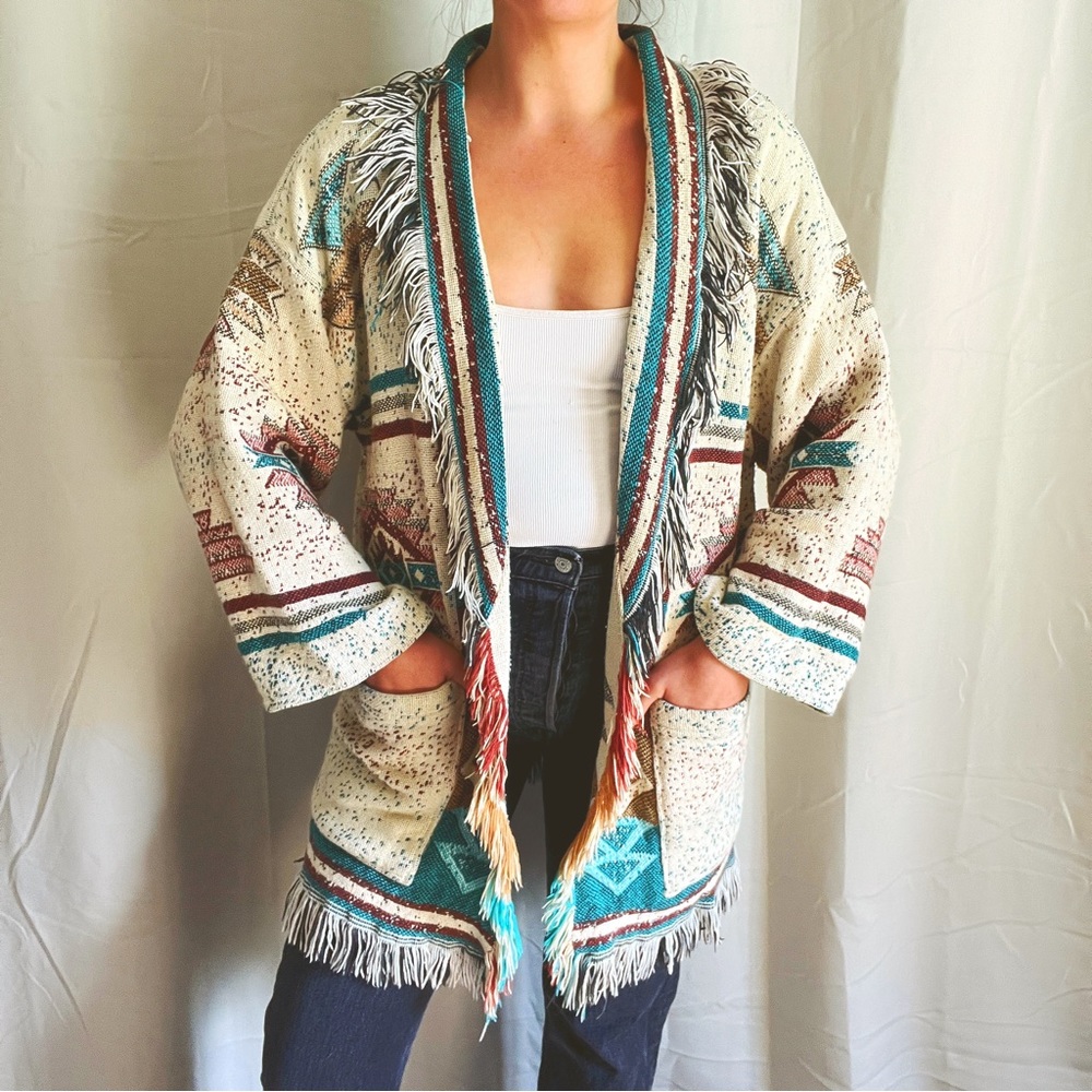 VTG Handmade Southwestern Aztec Native American Blanket Fringe Cardigan / Coat - Picture 3 of 16